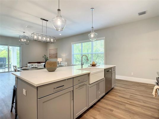 Interior, Kitchen, Pendant Lights, Recessed Lighting, Wood Texture Flooring