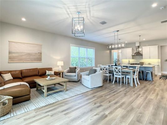 Dining room, Interior, Kitchen, Living room, Pendant Lights, Recessed Lighting, Wood Texture Flooring