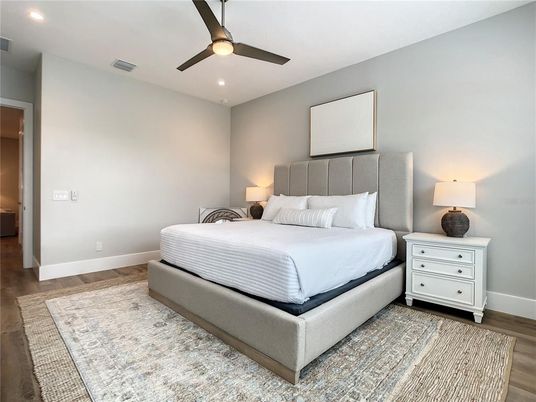 Bedroom, Interior, Recessed Lighting, Wood Texture Flooring