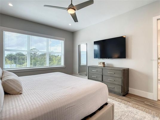 Bedroom, Interior, Recessed Lighting, Wood Texture Flooring