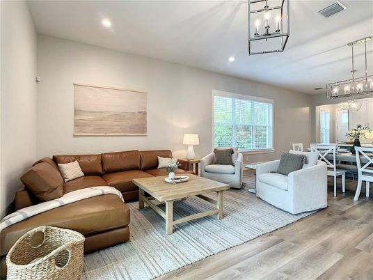 Dining room, Interior, Living room, Pendant Lights, Recessed Lighting, Wood Texture Flooring