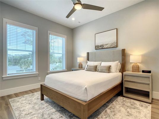 Bedroom, Interior, Recessed Lighting, Wood Texture Flooring