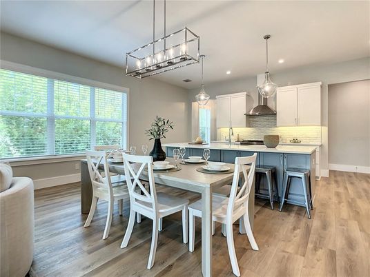 Chandelier, Dining room, Interior, Kitchen, Pendant Lights, Recessed Lighting, Wood Texture Flooring