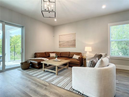 Interior, Living room, Pendant Lights, Recessed Lighting, Wood Texture Flooring