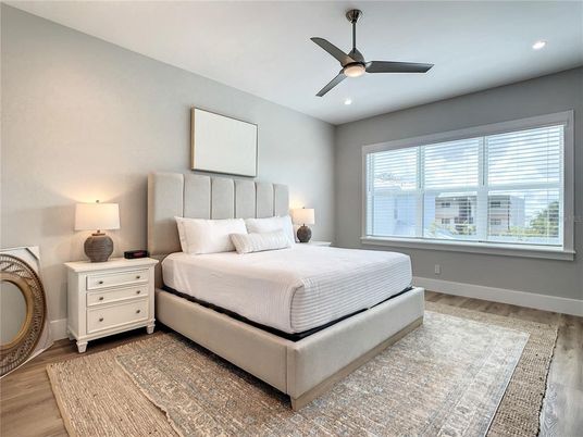 Bedroom, Interior, Recessed Lighting, Wood Texture Flooring