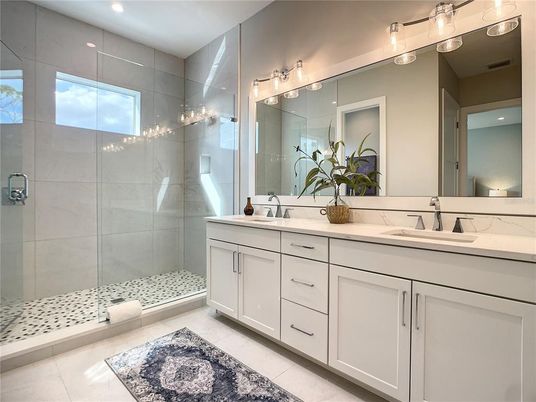 Bathroom, Dual Sink Vanities, Glass Shower, Interior, Recessed Lighting