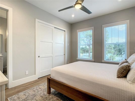 Bedroom, Interior, Recessed Lighting, Wood Texture Flooring