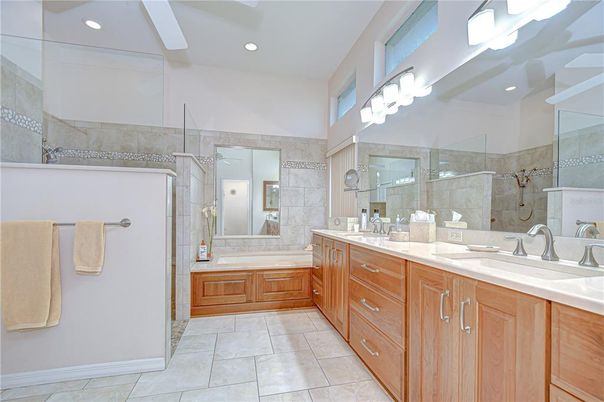 Bathroom, Dual Sink Vanities, Glass Shower, Interior, Recessed Lighting