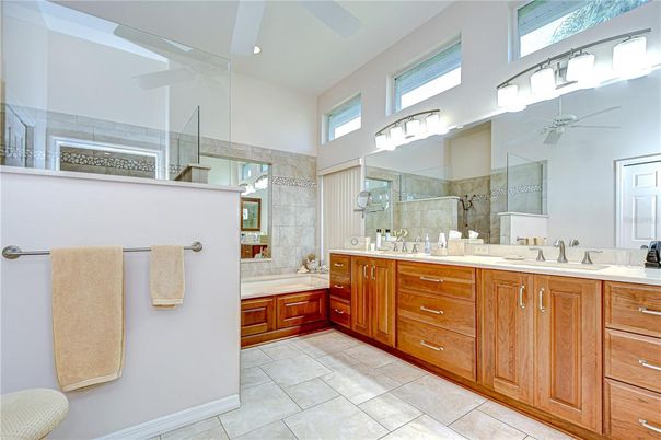 Bathroom, Dual Sink Vanities, Glass Shower, Interior, Recessed Lighting