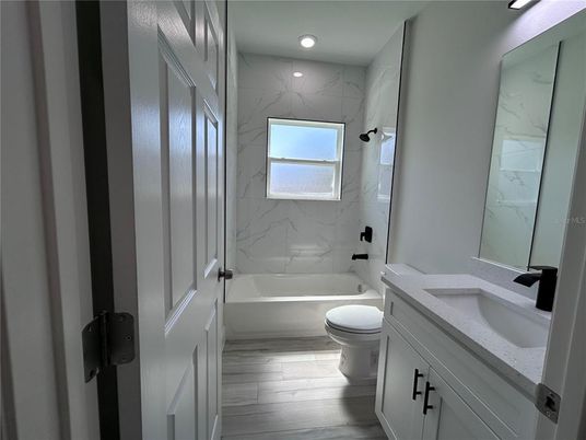 Bathroom, Interior, Marble Walls, Recessed Lighting, Wood Texture Flooring