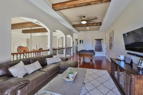 Billiard Table, Game Room, Interior, Living room, Recessed Lighting, Wooden Beams, Wood Texture Flooring