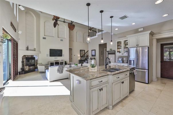 Fireplace, Interior, Kitchen, Living room, Pendant Lights, Recessed Lighting, Stainless Steel Appliances