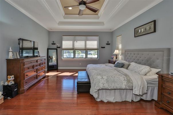 Bedroom, Interior, Recessed Lighting, Wood Texture Flooring