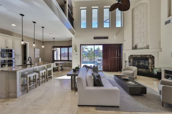 Dining room, Fireplace, Interior, Kitchen, Living room, Pendant Lights, Recessed Lighting