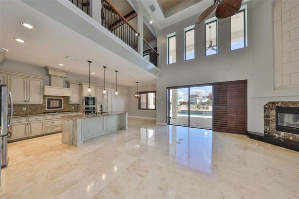 Fireplace, Interior, Kitchen, Pendant Lights, Recessed Lighting, Stainless Steel Appliances