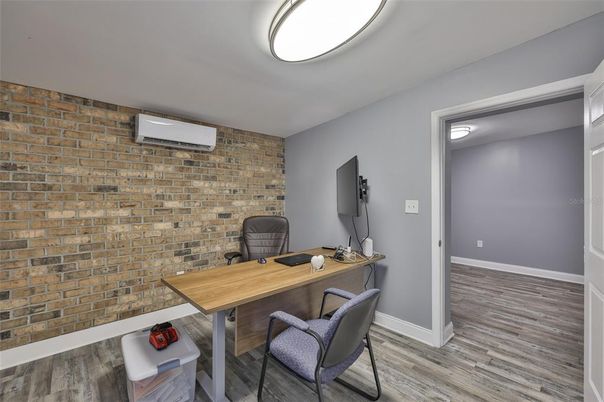 Home Office, Interior, Stone Walls, Wood Texture Flooring