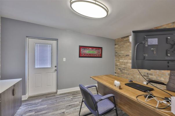 Home Office, Interior, Stone Walls, Wood Texture Flooring