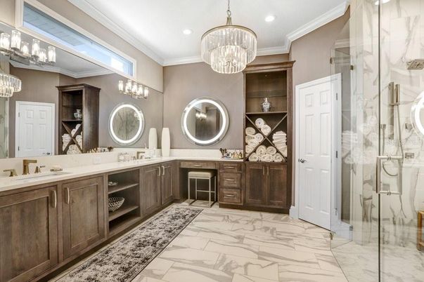 Bathroom, Chandelier, Dual Sink Vanities, Glass Shower, Interior, Marble, Recessed Lighting