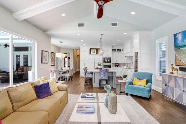 Dining room, Interior, Kitchen, Living room, Pendant Lights, Recessed Lighting, Stainless Steel Appliances, Wood Texture Flooring