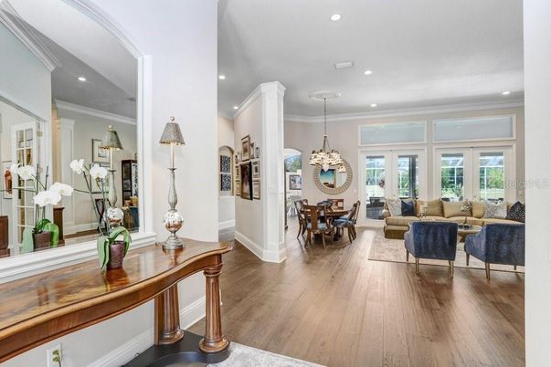 Chandelier, Dining room, Interior, Living room, Recessed Lighting, Wood Texture Flooring