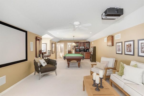 Billiard Table, Chandelier, Game Room, Interior, Pendant Lights, Projection Screen, Recessed Lighting