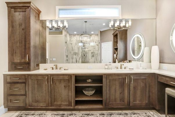Bathroom, Chandelier, Dual Sink Vanities, Interior, Recessed Lighting