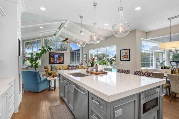 Dining room, Interior, Kitchen, Living room, Pendant Lights, Recessed Lighting, Wood Texture Flooring
