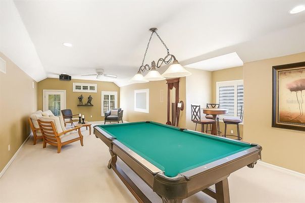 Billiard Table, Chandelier, Game Room, Interior, Recessed Lighting