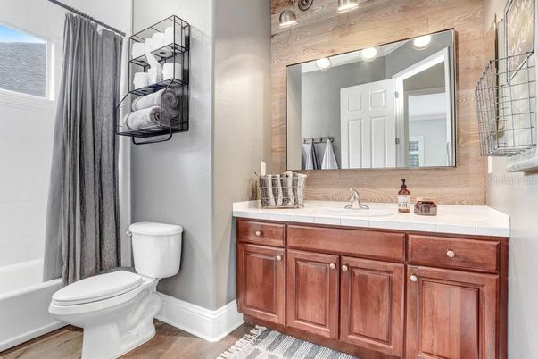 Bathroom, Interior, Tile Countertops, Wood Texture Flooring