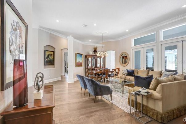 Chandelier, Dining room, Interior, Living room, Pendant Lights, Recessed Lighting, Wood Texture Flooring