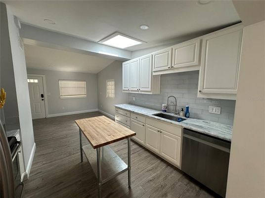 Interior, Kitchen, Recessed Lighting, Wood Texture Flooring