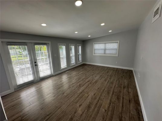 Empty room, Interior, Recessed Lighting, Wood Texture Flooring