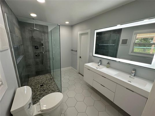 Bathroom, Dual Sink Vanities, Glass Shower, Interior, Recessed Lighting