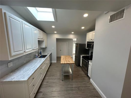 Interior, Kitchen, Recessed Lighting, Wood Texture Flooring