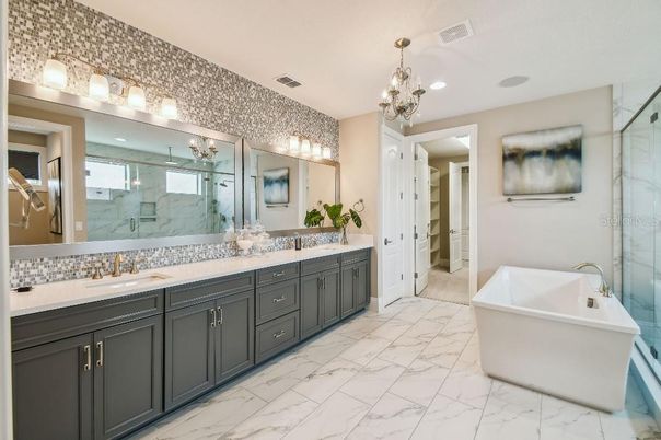 Bathroom, Chandelier, Dual Sink Vanities, Free Standing Baths, Glass Shower, Interior, Marble, Recessed Lighting