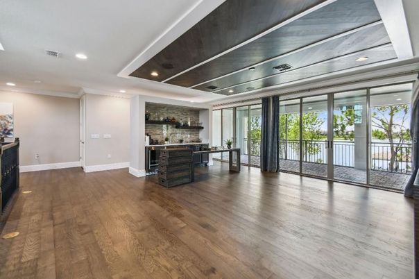 Interior, Recessed Lighting, Stone Walls, Wood Texture Flooring