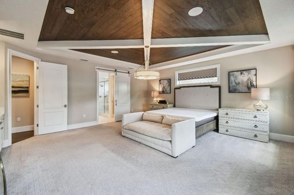 Bedroom, Interior, Pendant Lights, Recessed Lighting, Wooden Ceilings