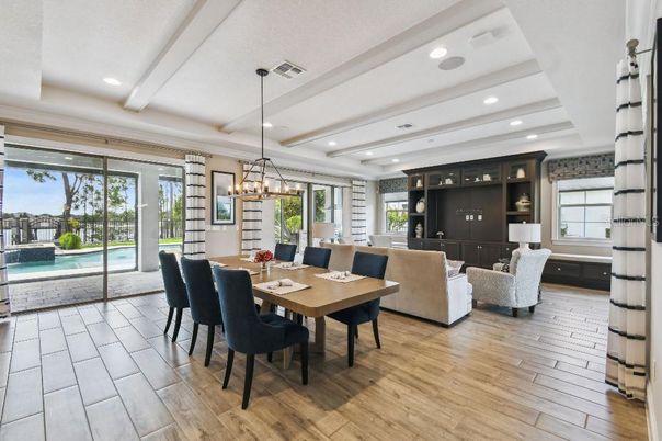 Chandelier, Dining room, Interior, Living room, Pendant Lights, Recessed Lighting, Wood Texture Flooring