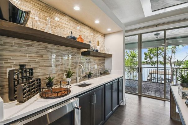 Interior, Kitchen, Recessed Lighting, Stainless Steel Appliances, Stone Walls, Wood Texture Flooring, Wooden Walls
