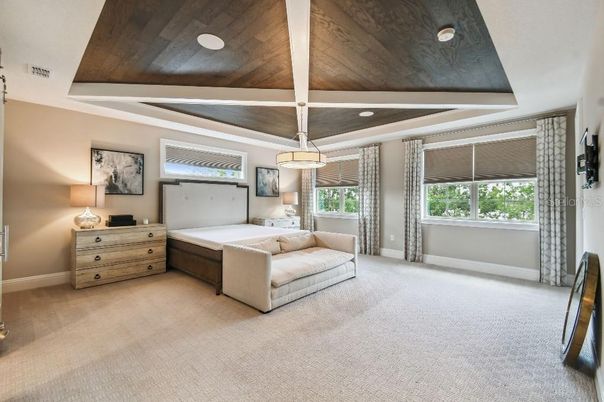 Bedroom, Interior, Pendant Lights, Recessed Lighting, Wooden Ceilings