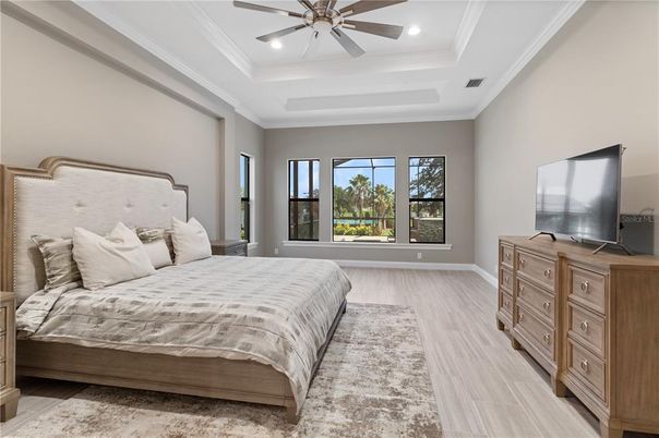 Bedroom, Interior, Recessed Lighting, Wood Texture Flooring