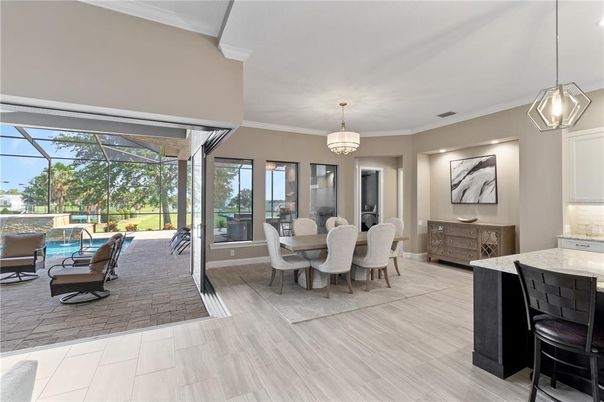 Chandelier, Dining room, Glass Ceilings, Interior, Pendant Lights, Sun Room, Wood Texture Flooring