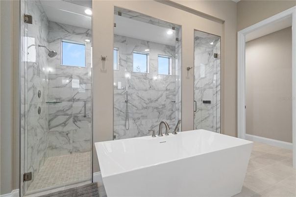 Bathroom, Free Standing Baths, Glass Shower, Interior, Marble Walls, Recessed Lighting