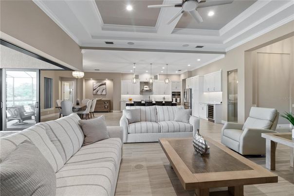 Dining room, Interior, Kitchen, Living room, Pendant Lights, Recessed Lighting, Stainless Steel Appliances, Wood Texture Flooring