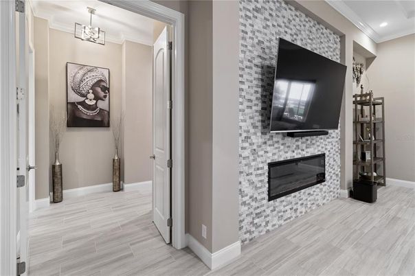 Fireplace, Interior, Pendant Lights, Recessed Lighting, Wood Texture Flooring