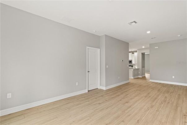 Empty room, Interior, Kitchen, Recessed Lighting, Wood Texture Flooring