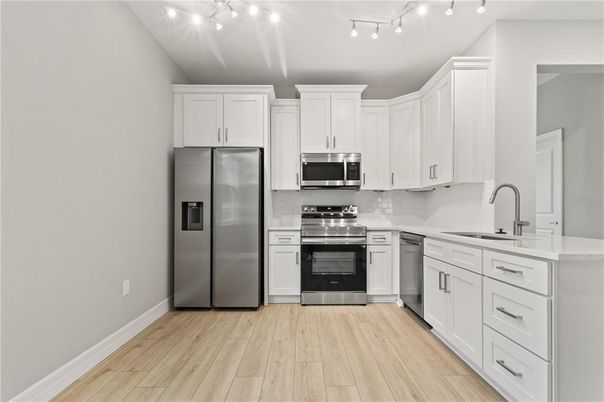 Interior, Kitchen, Stainless Steel Appliances, Wood Texture Flooring