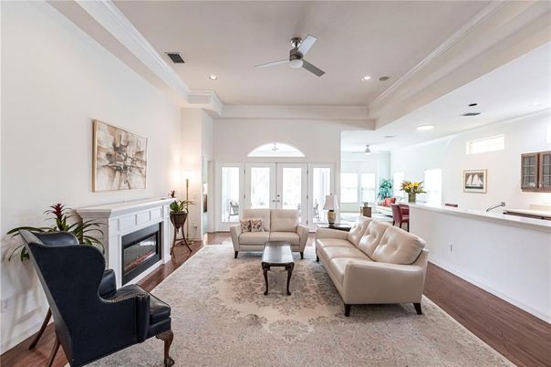 Fireplace, Interior, Living room, Recessed Lighting, Wood Texture Flooring