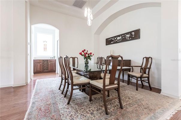 Dining room, Interior, Pendant Lights, Wood Texture Flooring