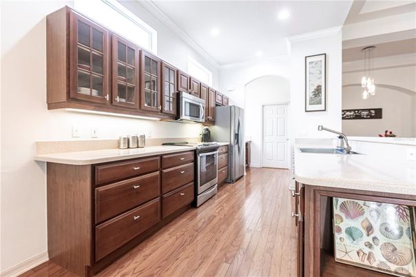 Interior, Kitchen, Pendant Lights, Recessed Lighting, Stainless Steel Appliances, Wood Texture Flooring